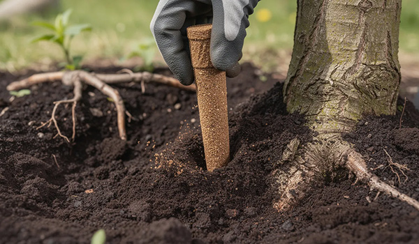 tree fertilizer spikes being inserted into moist soil near the trunk of a tree