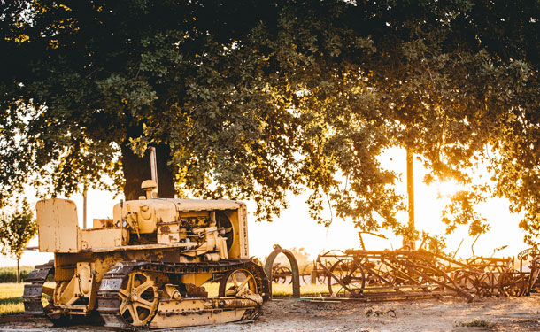 Tree root soil compaction equipment parked under tree